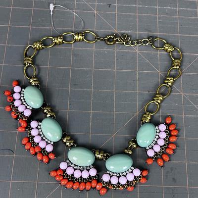 Unique Costume Jewelry Necklace: Sage, Coral and Purple color Plus Faceted Faux Gem