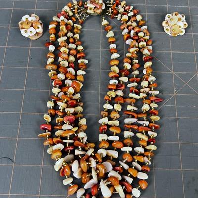 Clip On And Necklace Set Marked Japan - Orange and white