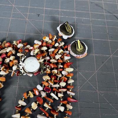 Clip On And Necklace Set Marked Japan - Orange and white