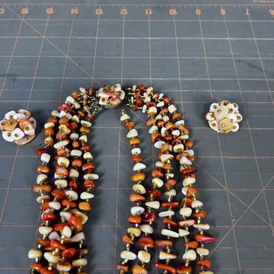 Clip On And Necklace Set Marked Japan - Orange and white
