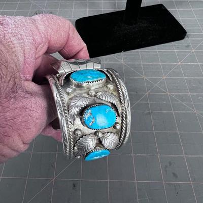  R. James Jr, Large Cuff Sterling and Turquoise Watch band