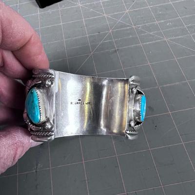  R. James Jr, Large Cuff Sterling and Turquoise Watch band
