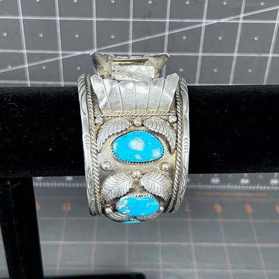  R. James Jr, Large Cuff Sterling and Turquoise Watch band
