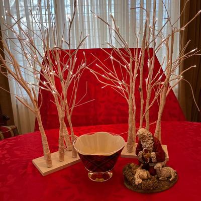 10- 2 Lighted birch trees, Santa & Jesus figurine, planter