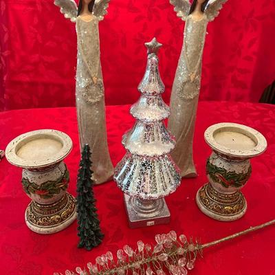 14- Tall glitter angels, lighted silver tree, etc