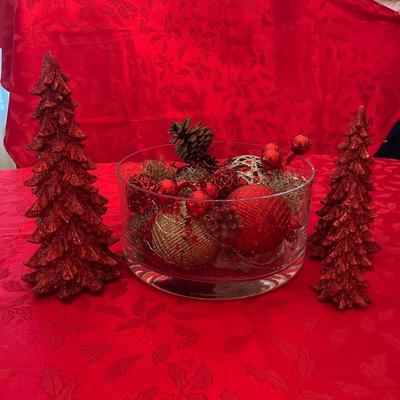 18- Heavy glass bowl, 3 red glitter trees & ornaments