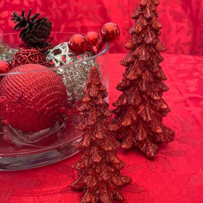 18- Heavy glass bowl, 3 red glitter trees & ornaments