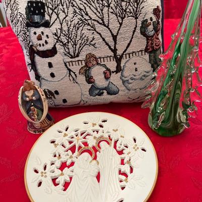 25- Lenox Holy Family plate, Jim Shore ornament, glass tree, pillow