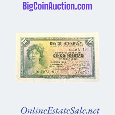 1935 (1936) SPAIN 5 PESETAS SILVER CERTIFICATE