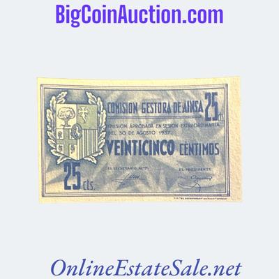 1937 SPAIN CIVIL WAR GESTORA DE AINSA 25 CENTIMOS