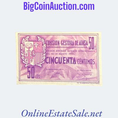 1937 SPAIN CIVIL WAR GESTORA DE AINSA 50 CENTIMOS