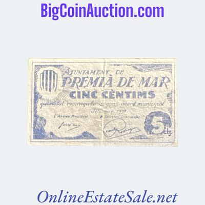 1937 SPAIN CIVIL WAR PRIMIA DE MAR 5 CENTIMS