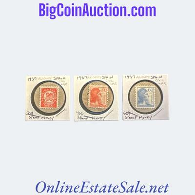 1937 ALICANTE SPAIN CIVIL WAR 30, 40, & 50 CENTIMOS STAMP MONEY