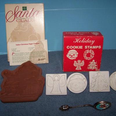 LOT 74 GREAT COLLECTABLE COOKIE MOLD/STAMPS & SILVER/ENAMEL SANTA SPOON