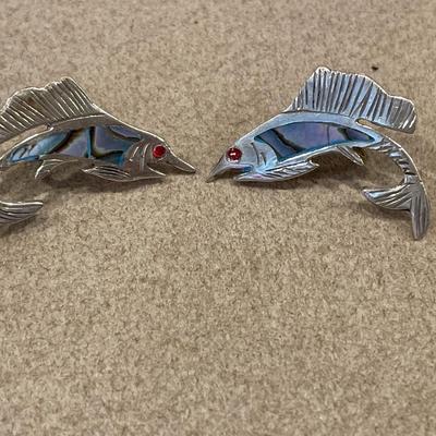 Abalone and Sterling fish screw back earrings