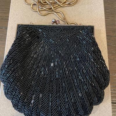 Vintage black beaded scalloped shaped handbag