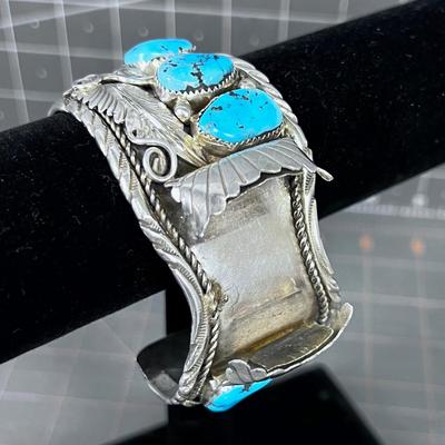 Sterling Silver & Turquoise Watch Cuff with Feather Scrolls, Old Pawn Navajo 