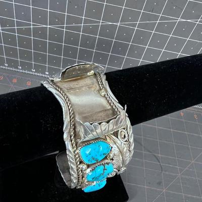 Sterling Silver & Turquoise Watch Cuff with Feather Scrolls, Old Pawn Navajo 