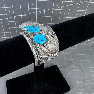 Sterling Silver & Turquoise Watch Cuff with Feather Scrolls, Old Pawn Navajo 