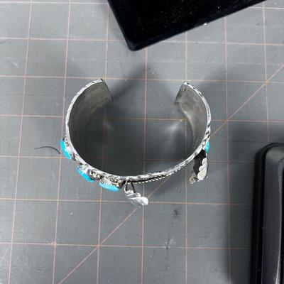 Sterling Silver & Turquoise Watch Cuff with Feather Scrolls, Old Pawn Navajo 