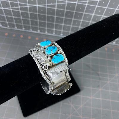 Sterling Silver & Turquoise Watch Cuff with Feather Scrolls, Old Pawn Navajo 