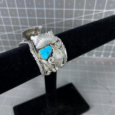 Sterling Silver & Turquoise Watch Cuff with Feather Scrolls, Old Pawn Navajo 