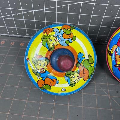 2 Small Tin Litho Tops - 1 is marked Made in the USA 