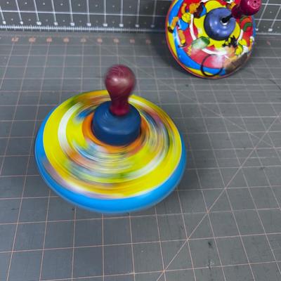 2 Small Tin Litho Tops - 1 is marked Made in the USA 