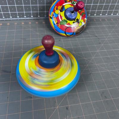 2 Small Tin Litho Tops - 1 is marked Made in the USA 