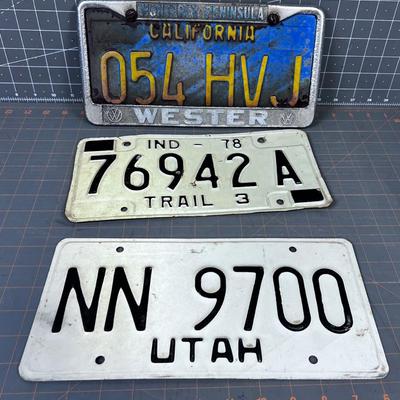 License Plates: Indiana, Utah, California