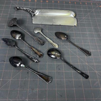 Lot of Silver Plate: (8) Spoons and a tray