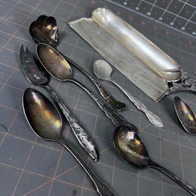 Lot of Silver Plate: (8) Spoons and a tray