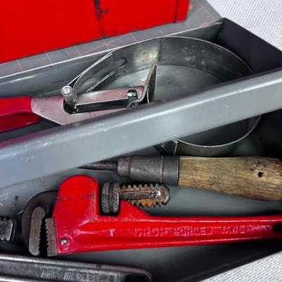 Tool Box with Tools: Pipe Wrench and Saw