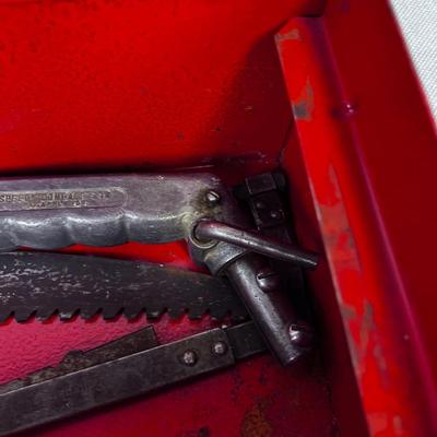 Tool Box with Tools: Pipe Wrench and Saw