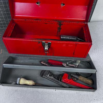Tool Box with Tools: Pipe Wrench and Saw