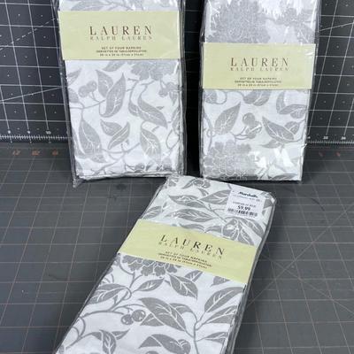 12 Ralph Lauren Pineview Pattern Napkins (12 NEW) Silver and White