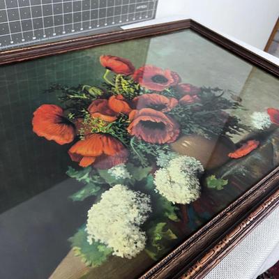 Antique Still Life Print  of Poppies Under Glass 
