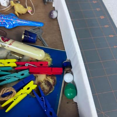 Tray of Misc. Junk Drawer Clean Out: Include Jump Rope, Alligator Clicker, Dice, Marble etc.   