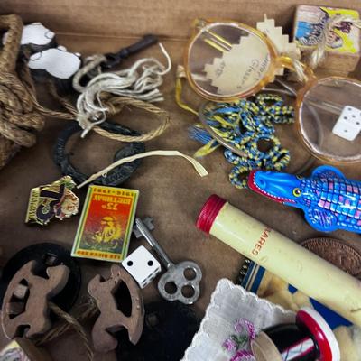 Tray of Misc. Junk Drawer Clean Out: Include Jump Rope, Alligator Clicker, Dice, Marble etc.   