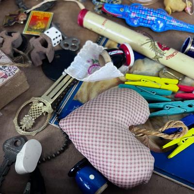 Tray of Misc. Junk Drawer Clean Out: Include Jump Rope, Alligator Clicker, Dice, Marble etc.   