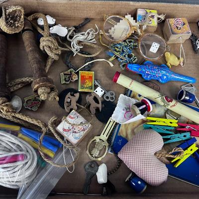 Tray of Misc. Junk Drawer Clean Out: Include Jump Rope, Alligator Clicker, Dice, Marble etc.   