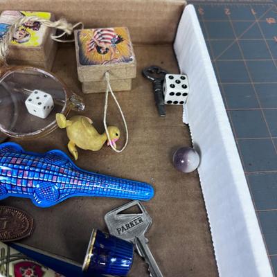 Tray of Misc. Junk Drawer Clean Out: Include Jump Rope, Alligator Clicker, Dice, Marble etc.   