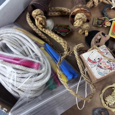 Tray of Misc. Junk Drawer Clean Out: Include Jump Rope, Alligator Clicker, Dice, Marble etc.   