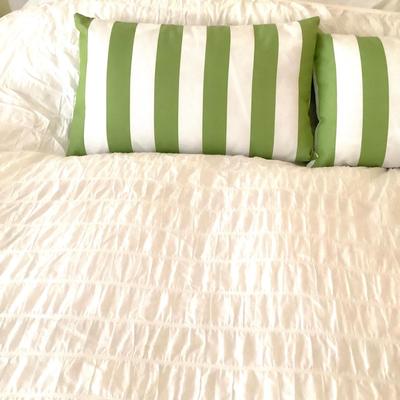 446 Queen White Tufted Stripes with Down Filled Blanket & 2 Shams, 2 Green /White Pillows