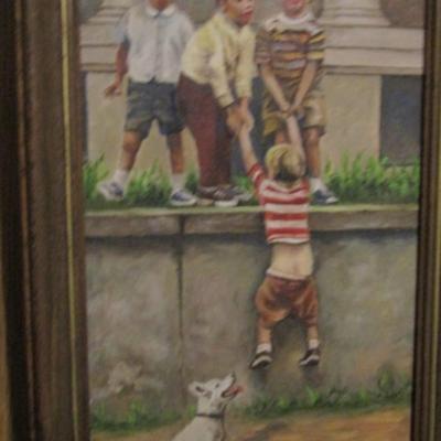 Framed Art- Boys and Dog- Signed by Artist- Approx 12 1/2