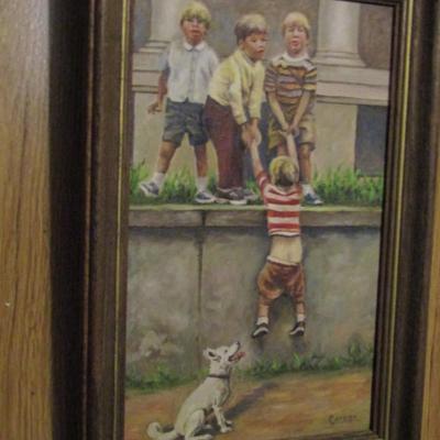 Framed Art- Boys and Dog- Signed by Artist- Approx 12 1/2