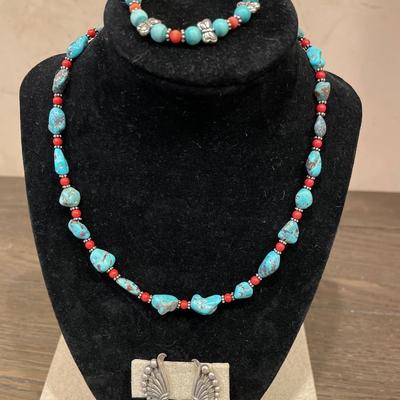 Turquoise & Coral necklace, bracelet and earrings