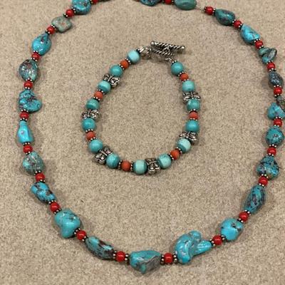 Turquoise & Coral necklace, bracelet and earrings
