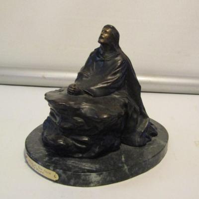 'Jesus at the Rock' by J. Maurie Cast Metal Statue on Stone Base- Approx 8