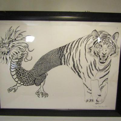 Framed Drawing: Dragon to Tiger- Signed by Artist- Approx 27